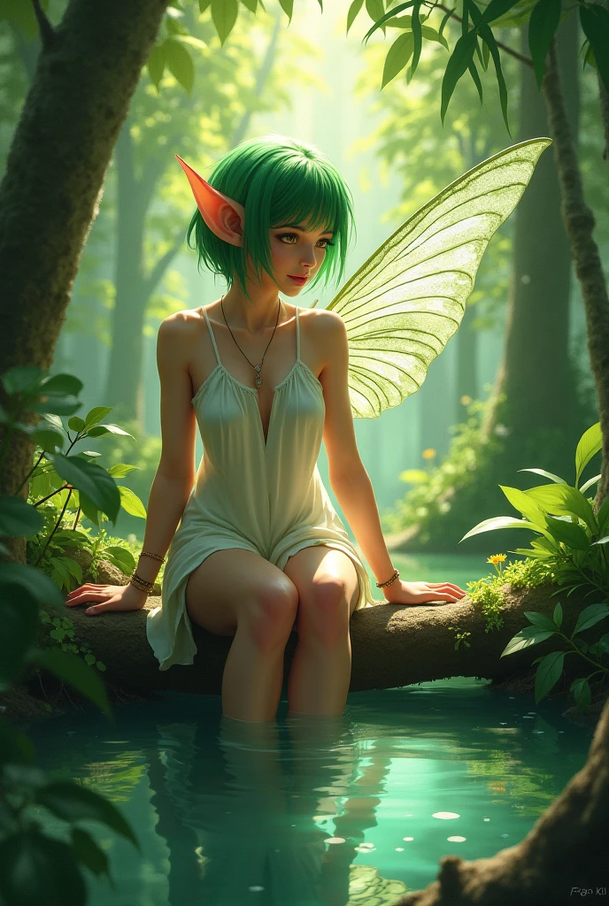 Photograph a mischievous fairy perched on a dew-kissed mushroom in the early morning light, with her mischievous expression contrasting the serene beauty of nature, Dew-Kissed Mushroom, Early Morning Light, Mischievous Fairy, Serene Beauty, Contrast. Camera: DSLR, Lens: Macro, Time: Early Morning, Style: Macro Photography, Film: Color