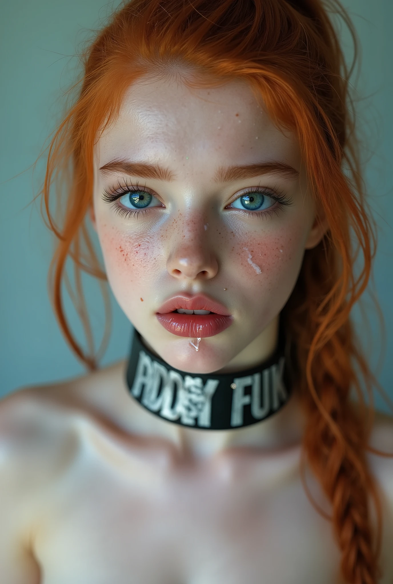 Beautiful albino **** girl with bright blue eyes, long straigt ginger hair with a ponytail bind up, light turqouse plane background , porcelain skin , (Thick turqouse leather choker with silver text "DADDYS FUCK TOY"), Cumface teen with little of white, sticky, wet, Here Mouth is slitly open and she got traces of Cum in here mouth, white  some transucent cum on here face, (Cum on face), Cum on forehead, Dripping cum, Ultra detaild skin, photo ultra-realistic, hyper-detailed , Vogue photo shoot , cinematic, big limps with glossy pink lipstick