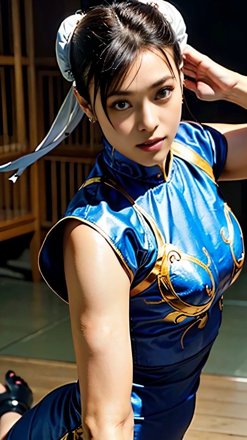 1 cute yuna, sexy chun li outfit, is in a fighting stance ready to face zombies and other terrible monsters. Halloween night. View from low angle focused on her butt