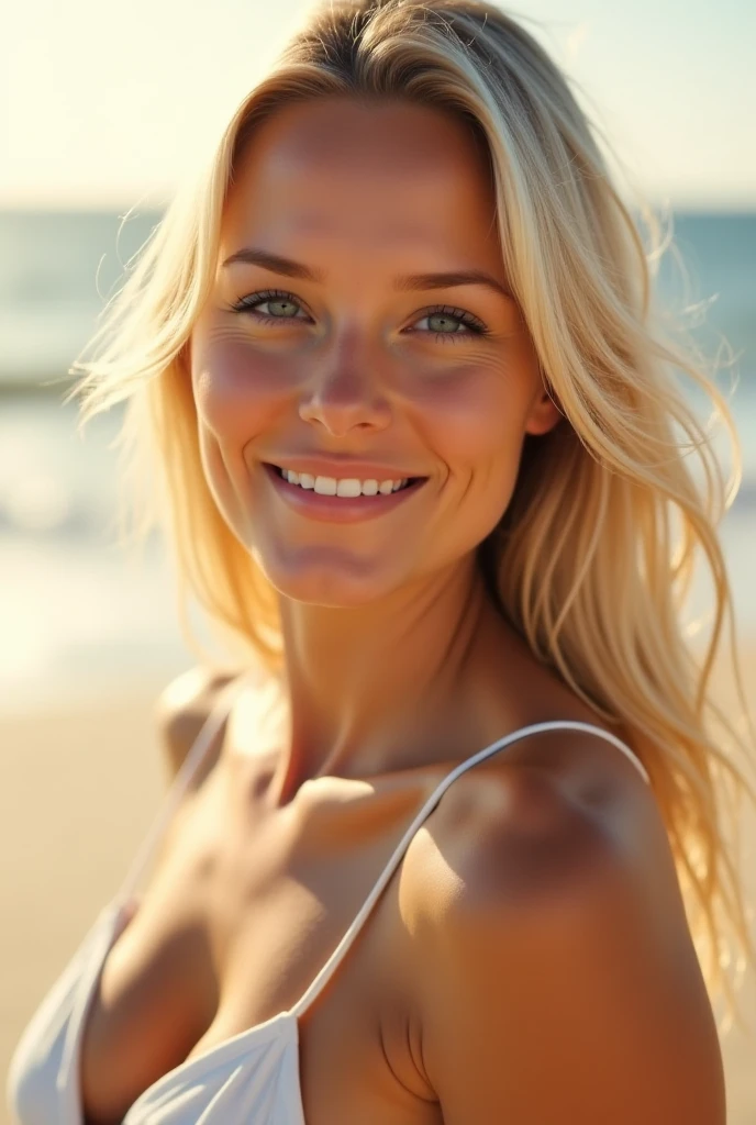 blonde teen laying nude on towel at beach, hands at sides, legs spread, c cup tits, pussy and tits visible, smiling, brown eyes