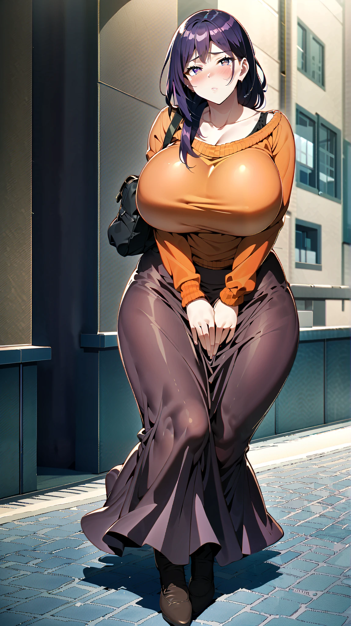 (high detailed), anime, good lighting, 1 woman, Long huge purple hair, mature female, plus sized beauty, curvy body, huge breasts, Wearing a orange sweater, Long skirt, looking at the viewer, embarassed, blushing,covering crotch, bag on her hands (She's using her bag to covering her crotch), Full body 