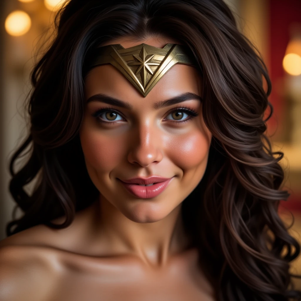 wonderwoman portrait close up face, she is smileing, soft illumination of gold and red