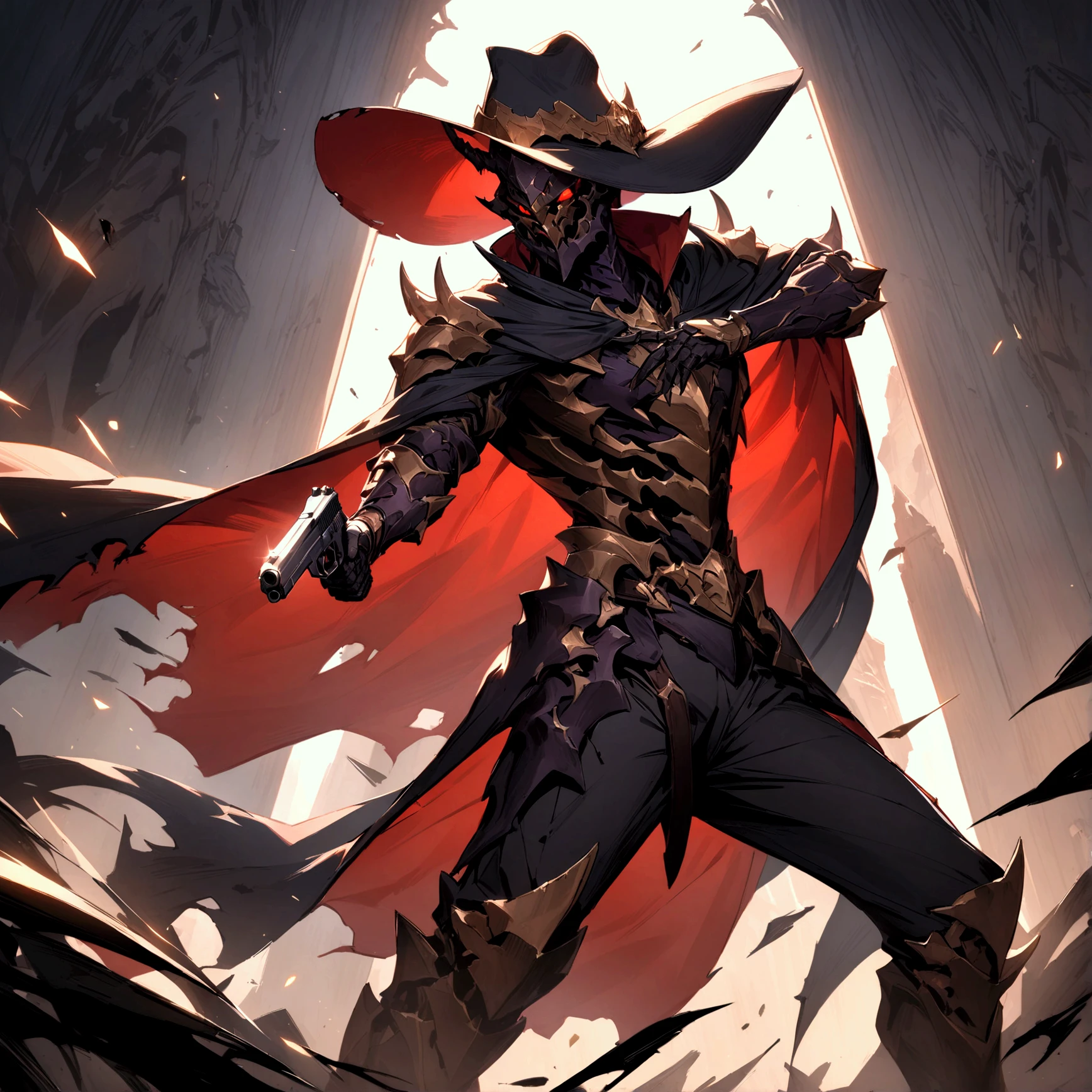 masterpiece:1.3, (Alone:1.2), (diabolos:1.5, Tattered Cape:1.4, hat with brim, Silver dual pistols:1.4, Gun fire:1.3, cartridge:1.3, dynamic pose), front:1.5,  8k wallpaper