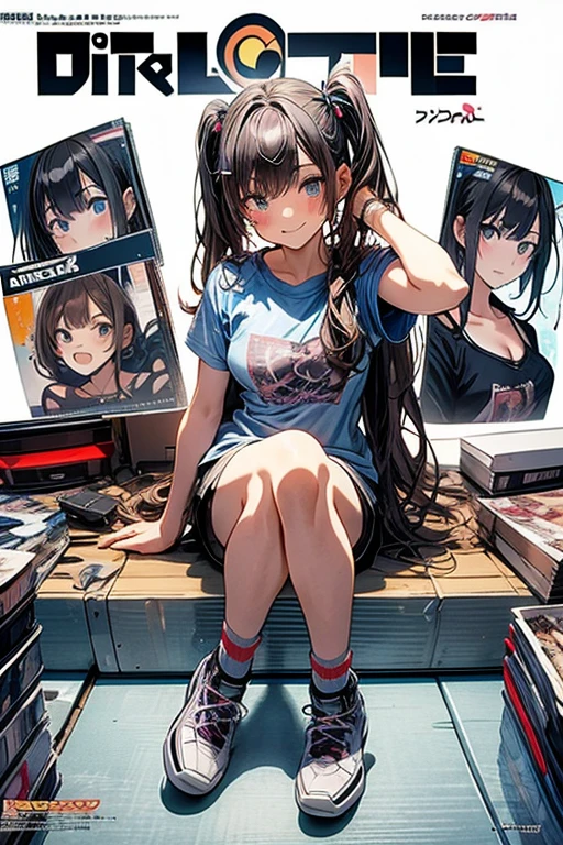 (masterpiece), (best quality), detailed, a otaku girl, soro, twintails, long wavy hair twintails.hairs between eyes,dark blue eyes ,smile, masterpiece, best quality, newest,(perky chest:1.2), (pointed chest:1.2),(from below:1.2,Best Quality),a girl , darkplatinum color hair、otaku uniform:1.2,Purplish blue eyes that dreamers desire, ((Otaku girl)),gloomy, messy hair, hair over eyes, blushing face,armpits hair, (harf sleeve t-shirt),shorts, sitting on gaming chair, otaku room,playing PC-game:1,3,medium breasts, skinny,open mouth, (otaku game magazine cover:1.6),(with sparkling eyes and a contagious smile),her thin pubic hair:1.2, looking at viewer