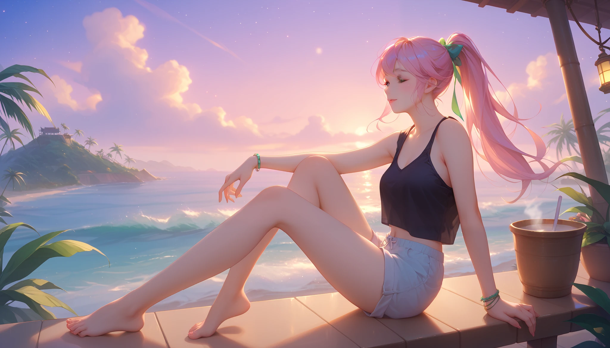 Perfect face, perfect anatomy, best quality, young woman 26 years old, woman med boobs with pastel green and pink hair tied in a ponytail sits barefoot on a bamboo chair on a rooftop balcony overlooking a tropical island. She is dressed in a black tank top and loose beach shorts, typing on her laptop. A cup of coffee sits nearby, and the distant sound of waves reaching the shore blends with the gentle rustling of palm trees. The sky above is filled with stars, and the warm glow of lanterns on the balcony adds to the peaceful, island-night ambiance."