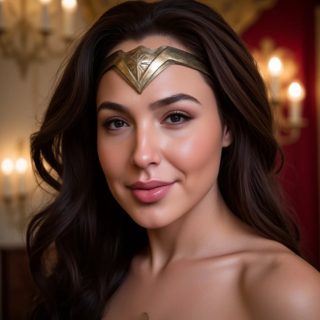 wonderwoman portrait close up face, she is smileing, soft illumination of gold and red