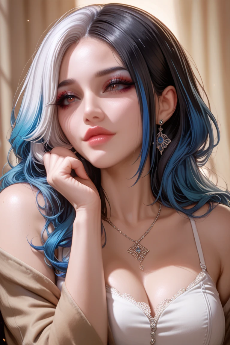 (masterpiece:1.4), (best quality:1.4), realistic, 1gril, solo, ((light blue hair)), hair ornament, long hair, blue eyes, collarbone, portrait, red lips, parted lips, (cleavage, pleated skirt), small breasts, blue nails, necklace, earrings, fashi-girl, looking at viewer, professional light, night, rain, outdoors,
