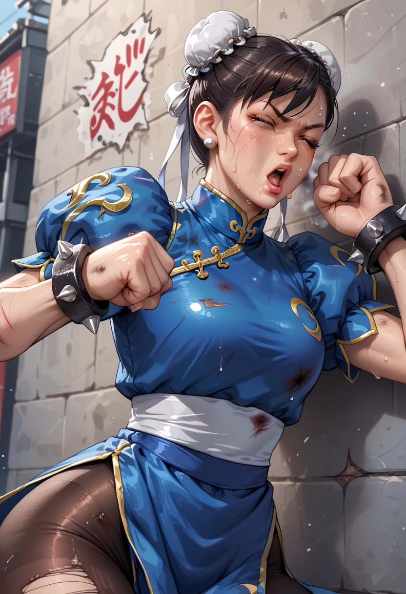 The best masterpieces, ultra-quality, ultra-detailliert, 超A high resolution, Illustration, Dim lighting, Photo, 8K, 1girl in, Outrageously beautiful and cute, Sweaty skin,(, Shy), Chun-Li, SF2CL,hair buns, covered buns, chinese dress, qipao, blue outfit, spiked bracelets, puffy sleeves,Face full of scars、Skin shiny with sweat、 injured scared girl、 crying wet bursting out eyes, real tears streaming down face, ultra-detailed eyes,bandaid on face,covered with mud,expression of despair,Illumination that emphasizes shiny sweat{{{Spread }}},(crotch rope walking:1.0)