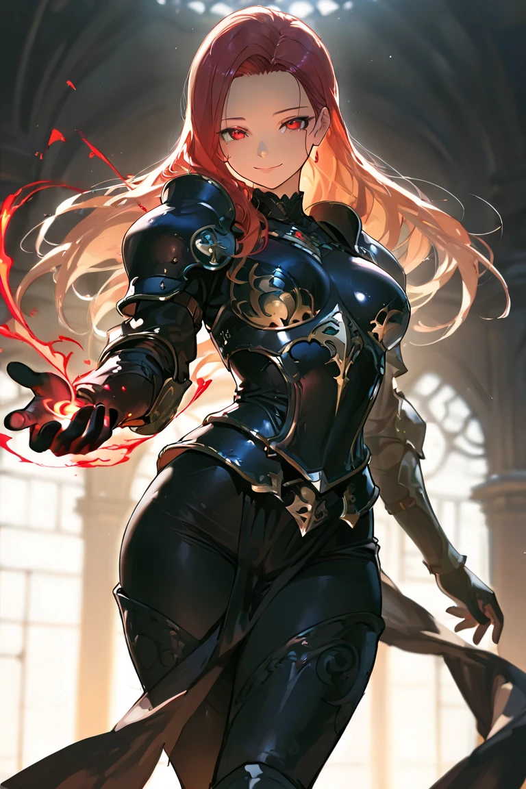 ((best quality)), ((Masterpiece)), (details:1.4), 3d, HDR (high dynamic range), mature woman, เหมือนจริง, High ponytails, red hair, White eyes, จมูกโด่ง, PBR surface, After processing, Anisotropic filtration,depth of field, Maximum clarity and clarity, multi-layered surface, perfect proportions, 8K raw files，holy paladin, Heavy Black armor, With a sword, hall castle, โกรธ, จ้อง, evening