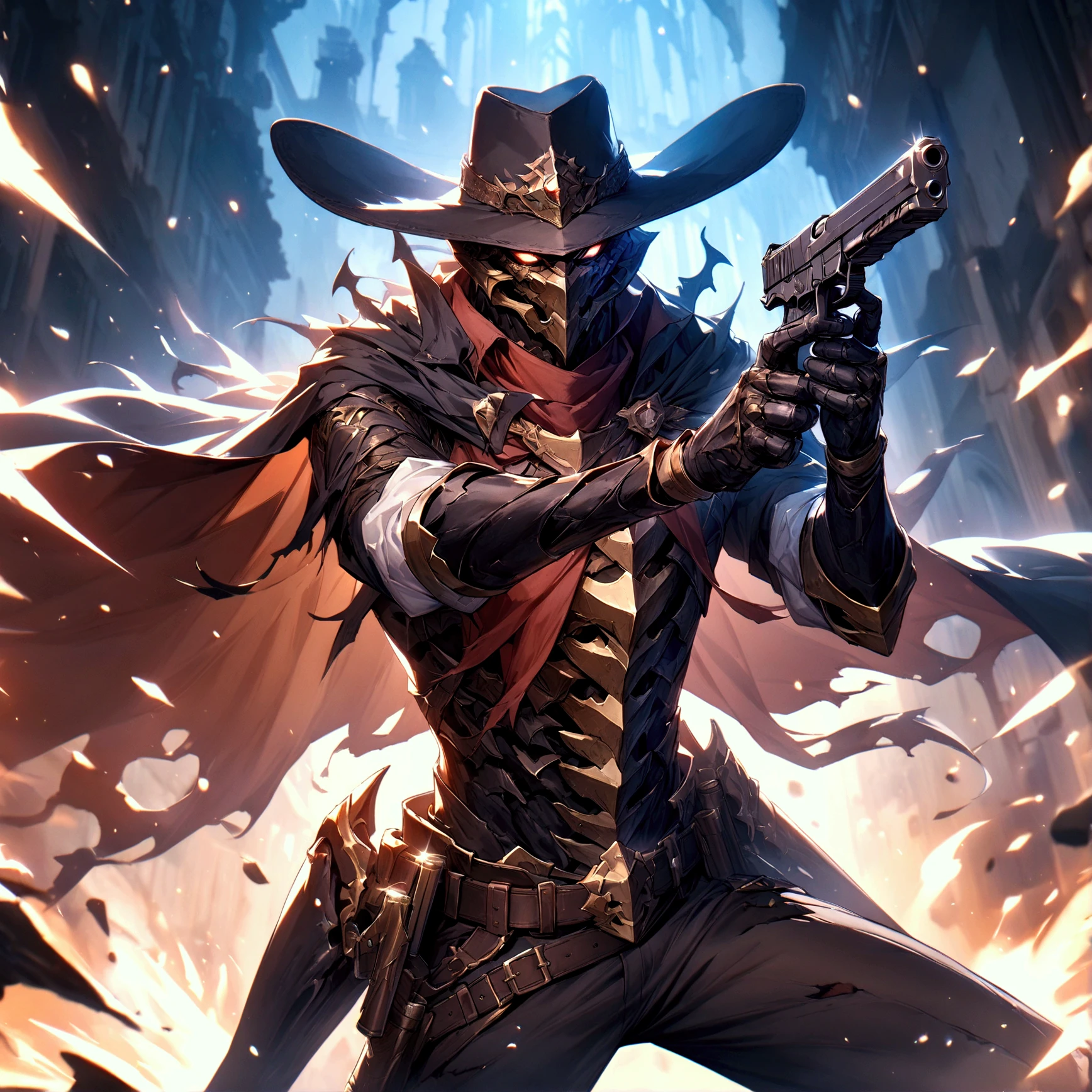 masterpiece:1.3, (Alone:1.2), (diabolos:1.5, Tattered Cape:1.4, hat with brim, Silver dual pistols:1.4, Gun fire:1.3, cartridge:1.3, dynamic pose), front:1.5,  8k wallpaper