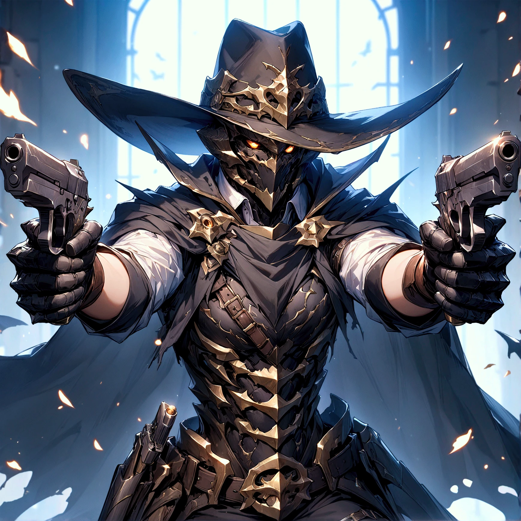 masterpiece:1.3, (Alone:1.2), (diabolos:1.5, Tattered Cape:1.4, hat with brim, Silver dual pistols:1.4, Gun fire:1.3, cartridge:1.3, dynamic pose), front:1.5,  8k wallpaper