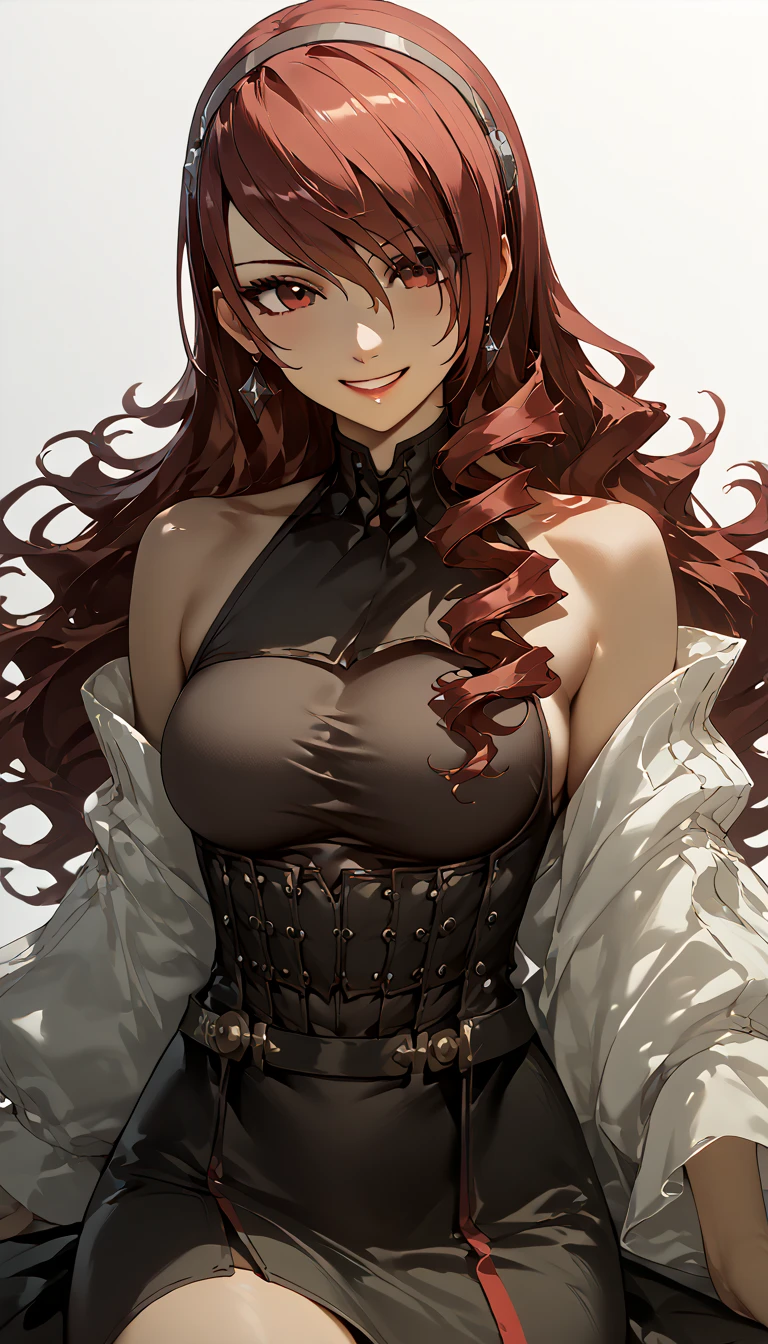 mitsuru kirijo（Persona 3）、 black party dress、  accessories、  cute、Red Hair、 one woman、Big Breasted 、   high definition 、Masterpiece、  High Quality  、  detailed face  、   detail eyes、smile、