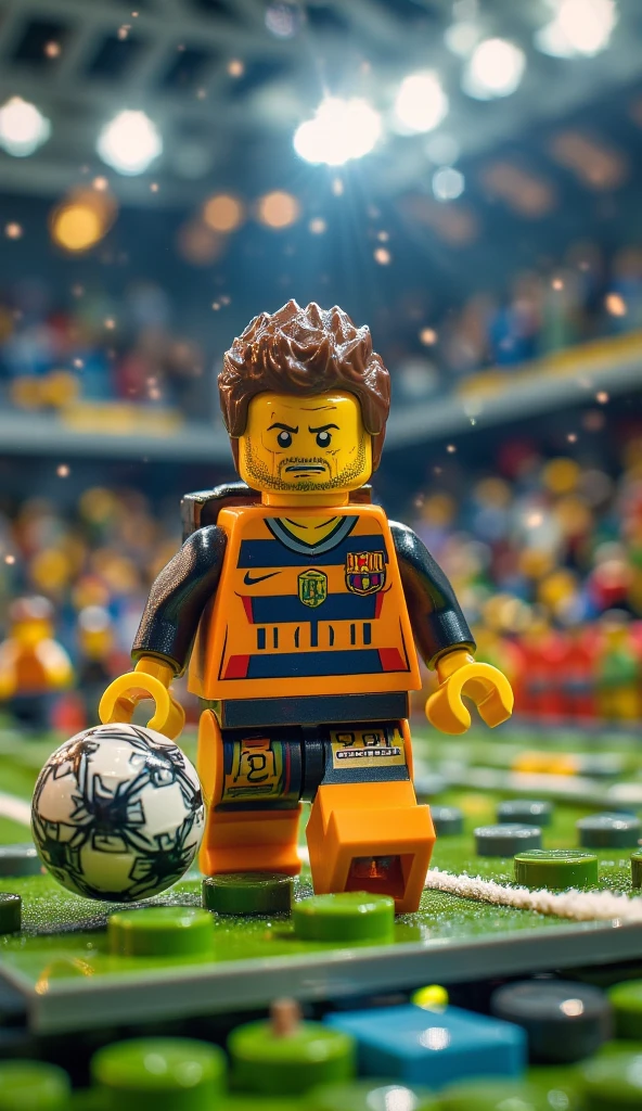 lego style, a full-body shot, the soccer player Neymar Jr entering the football field holding the ball