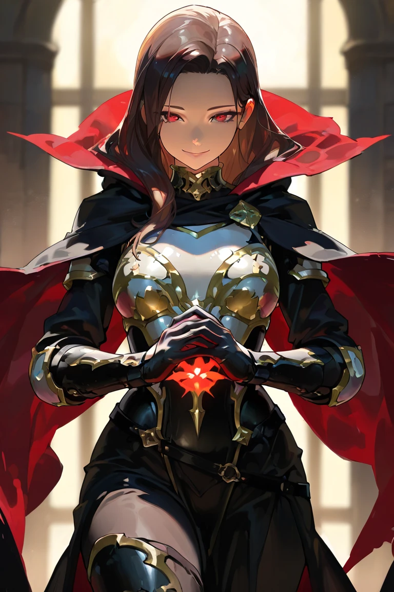 (8K, Best quality, tmasterpiece:1.2),\(eye detailed\),\(Facial features\),(\(Clothes detail details\)\),(1 girl:1.3),(Solo),teens girl,((groin,navel,obvious muscle lines,Brown skin:1.4)),((brown  hair,LONG WAVE hair,Full-face mask:1.3)),((small breasts,Plump ass)),k hd,(Facial focus) ,Very detailed CG unity 8K wallpaper,hugefilesize,ultra - detailed,A high resolution,absurderes,beautidful eyes,Ray traching,dramatic shadow,finely detailled,Dramatic angles,Hyper-detailing,((Wearing a one-piece black silk bodysuit,Set with red spars,Wrapped in a powerful set of armor. The metal plate is decorated with an intricate design:1.4))