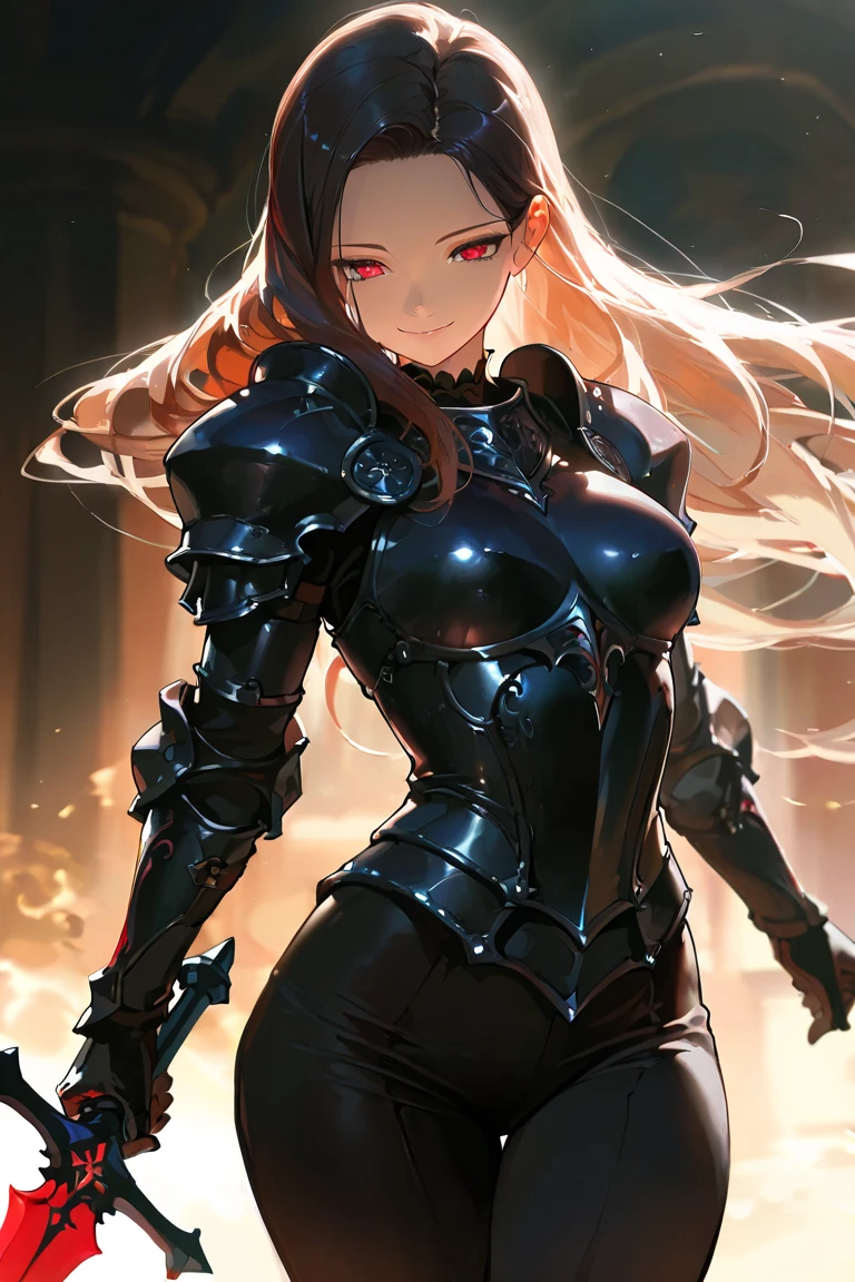 woman with detailed face, big breasts, dressed in armor, ready for battle, red, and dark, eyes are red, background forest