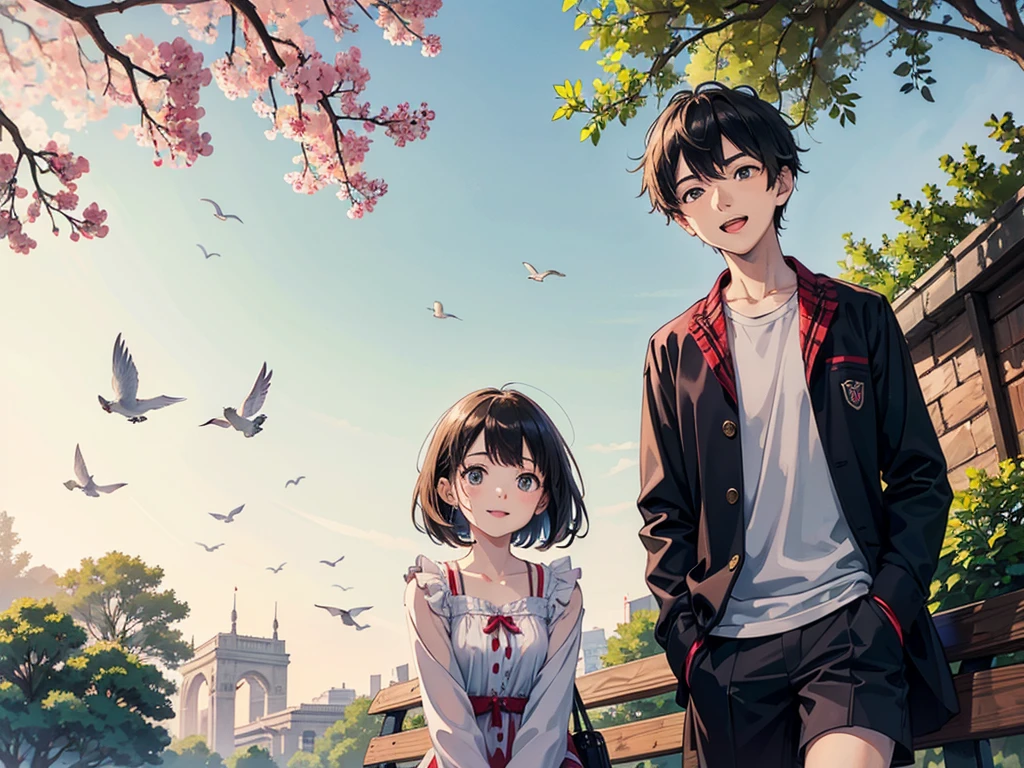  a boy and a girl are in the park looking at the sky.  the girl with the curious face and the boy with the cheerful face . They are wearing summer clothes and the day is beautiful . In the background you can see benches and doves 