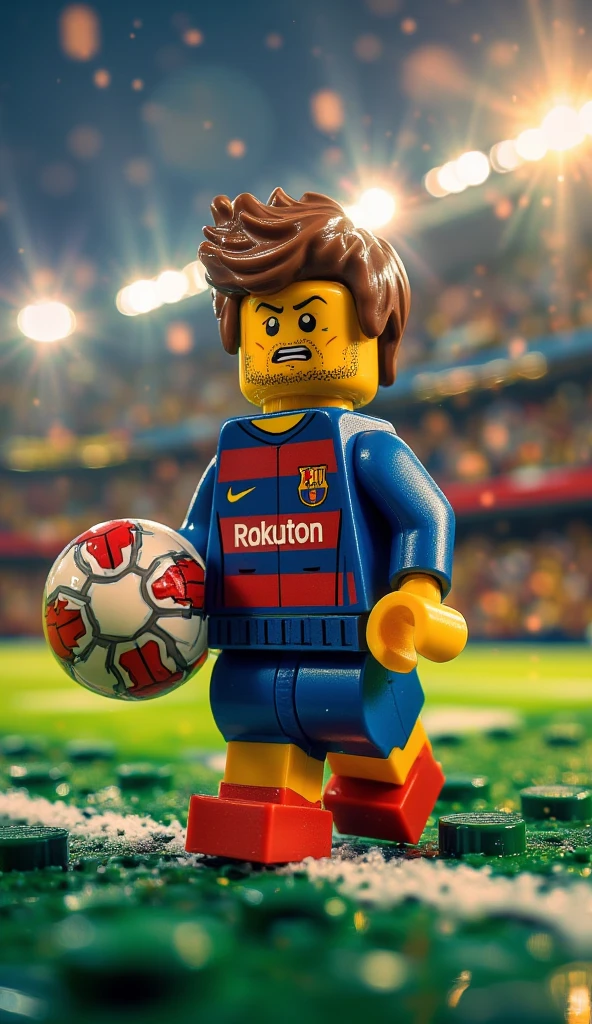 lego style, a full-body shot, the soccer player Neymar Jr wearing the Barcelona uniform entering the football pitch holding the ball