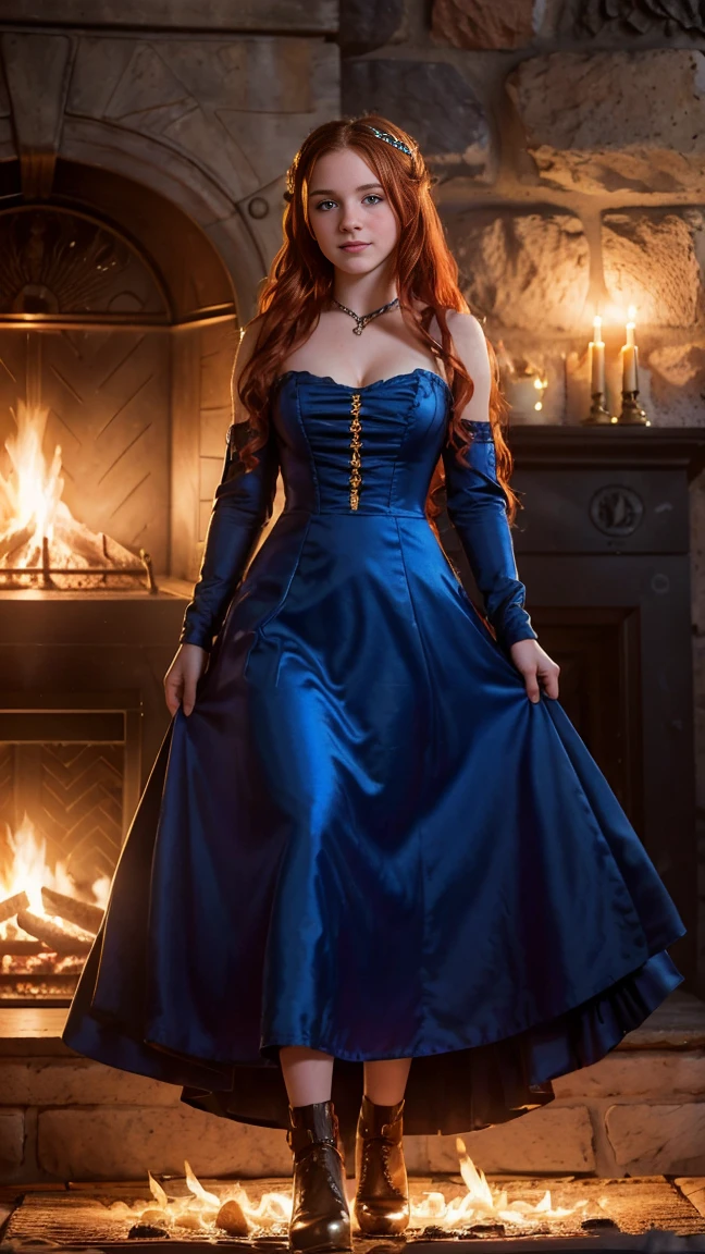 ((   high resolution)), ((Univers Steampunk  )), ((pale skin)),   freckles, ((long, wavy red hair  )),  (( 18 years))   girl :1.6, ((  Beautiful   girl :1.6)),with blue eyes,   cheeks blush  , Smiling,((deep neckline)) ((Middle Ages )),((stands in front of a large fireplace)), ((short medieval dress:1.2 with a large cutout)), jewelry,((Elegant Pose)),((  Masterpiece  )),((cinematic)),((  high resolution)),((from below))