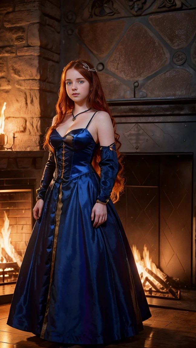 ((   high resolution)), ((Univers Steampunk  )), ((pale skin)),   freckles, ((long, wavy red hair  )),  (( 18 years))   girl :1.6, ((  Beautiful teen  girl :1.6)),with blue eyes,   cheeks blush  , Smiling,((deep neckline)) ((Middle Ages )),((stands in front of a large fireplace)), ((short medieval dress:1.2 with a large cutout)), jewelry,((Elegant Pose)),((  Masterpiece  )),((cinematic)),((  high resolution)),((from below))