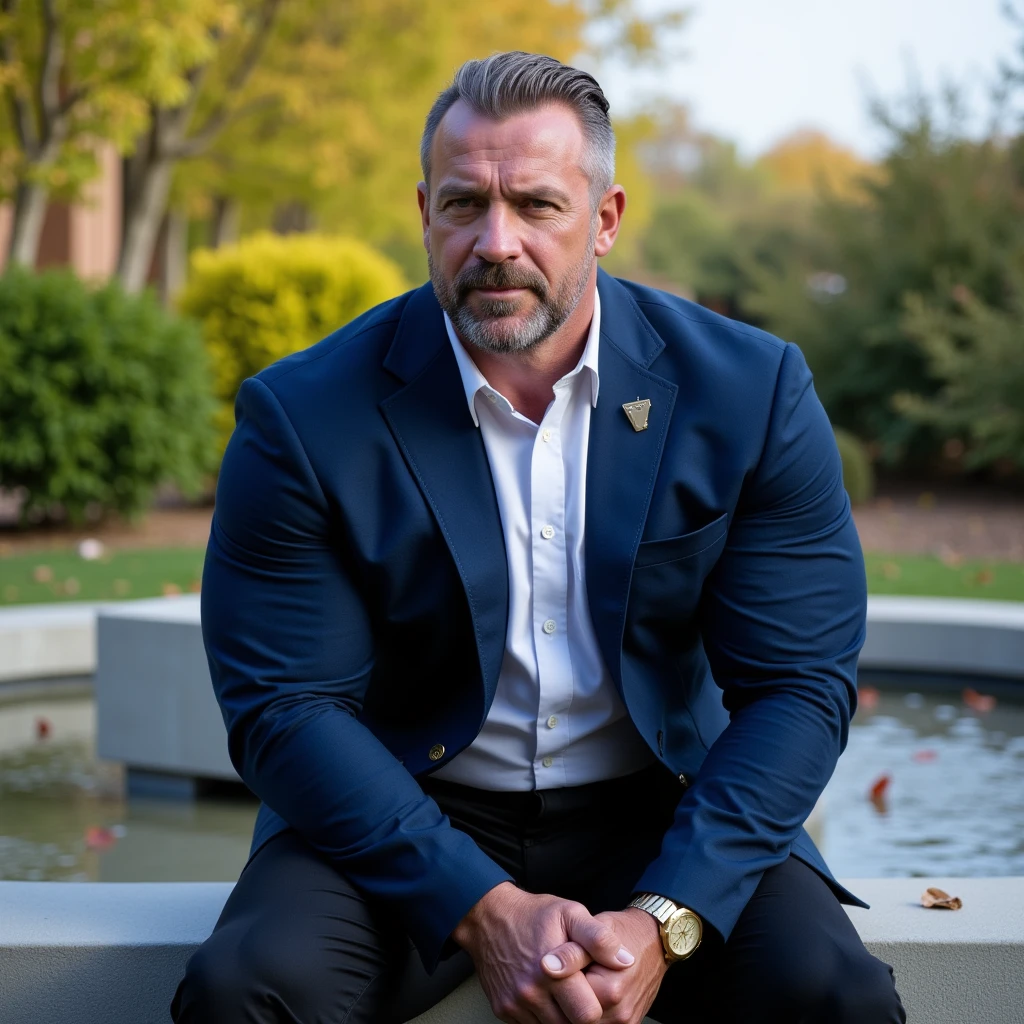 This is a photograph of a middle-aged man with a strong, muscular build, seated on a stone bench in an outdoor setting. The man has short, grey hair with a neatly trimmed goatee and mustache, and he is wearing a stylish, dark blue blazer over a crisp white dress shirt. His blazer has a small, gold pin on the left lapel. He is wearing black trousers and has a gold watch on his left wrist. His posture is relaxed as he leans slightly forward, resting his hands on his thighs. 

The background is softly blurred, featuring a mix of greenery and some yellow foliage, suggesting a garden or park setting. The sky is a light blue, indicating a bright, sunny day. The stone bench he is sitting on is made of a light, smooth stone with a slight texture, and it has a small, carved hole in the middle. There are a few scattered leaves and twigs on the ground around the bench. The overall color palette of the image is dominated by blue, white, and green, with subtle hints of yellow. The image captures a moment of casual elegance and tranquility.