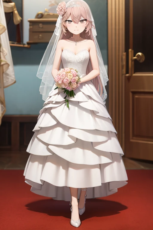 (((Pixel perfect, Perfect details))), alone, 1 girl, Ye Yuelian, looking at the audience, Keep your mouth shut,Best quality), large breasts, delicate face, detailed eyes,Gurwitz,pillory,Head flail,hand flail,flail,(bridal veil:1.5),(short sheer veil:1.5),Blushing face,Head flower,headgear,(Tube top armor long skirt:1.5),pure white dress,necklace,earringangs,lipstick, standing