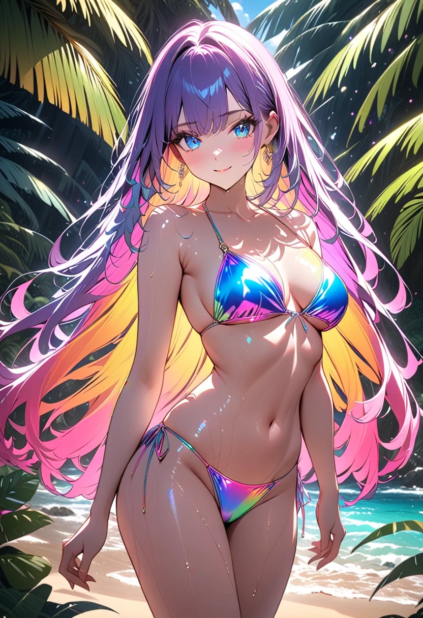 Masterpiece, Best Quality, Girls, Slender, Rainbow Color Eyes, Hair Color, Iridescent, Long Hair Spreading, White Skin, Medium, Cute, Sexy, Near Future, Bikini, Skin Exposed, Night, Psychedelic, Trip, Highly Colored, Paisley, Highly Colored, Mandala Theme, Open Legs, Machine Left Arm, Full Body --auto --s2