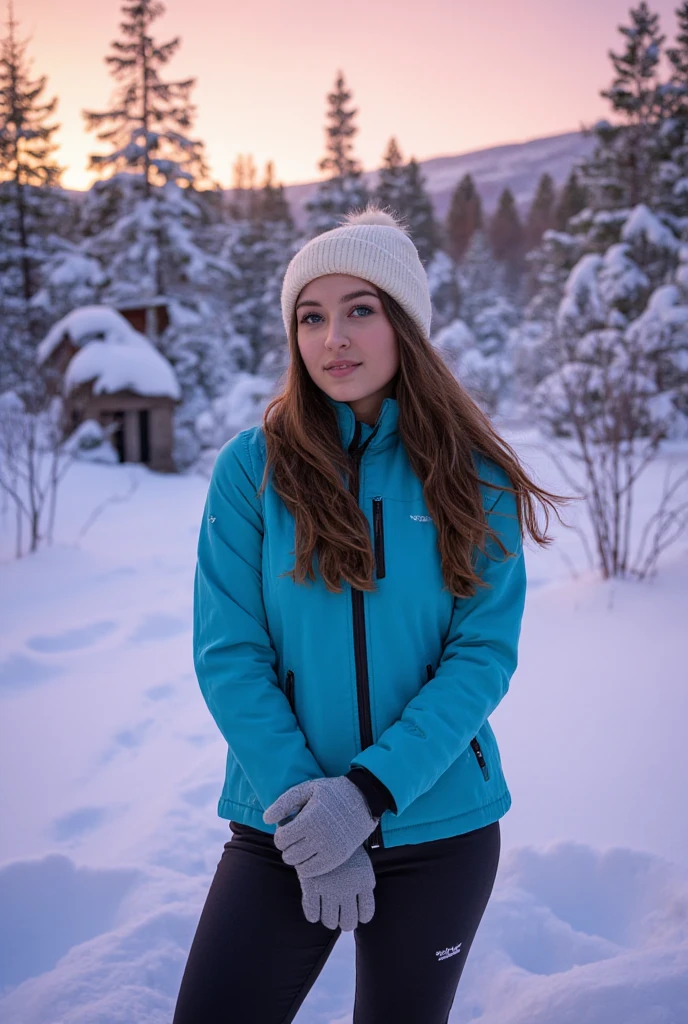 Selfie of a 30-year-old slim woman with long brown hair, blue eyes, and big-sized breasts, standing in a snowy forest at sunrise. She is wearing a turquoise insulated jacket, black waterproof hiking pants, a white beanie, and gray gloves. A subtle pink glow from the sunrise reflects on the snow and her face, creating a serene and vibrant atmosphere.