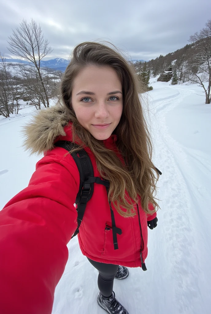 Selfie of a 30-year-old slim woman with long brown hair, blue eyes, and big-sized breasts, on a snowy mountain trail during a cloudy day. She is dressed in a red parka with fur trim, black thermal leggings, and sturdy hiking boots. She carries a small black backpack, and soft diffused light illuminates her face with the snowy background in full detail.