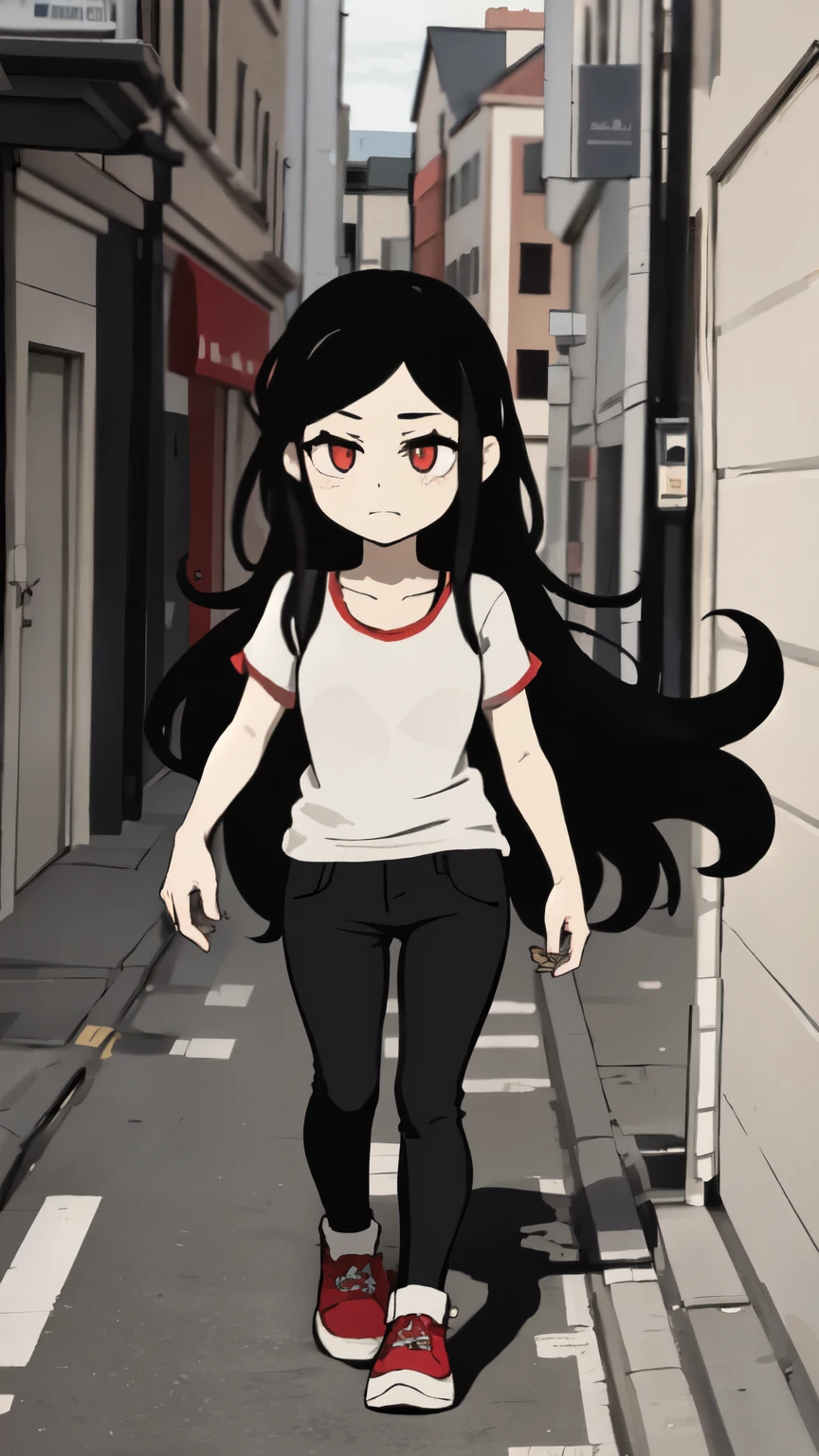 Girl with long black hair holding one hand wearing a red school exterior with white lines on her pants and arms