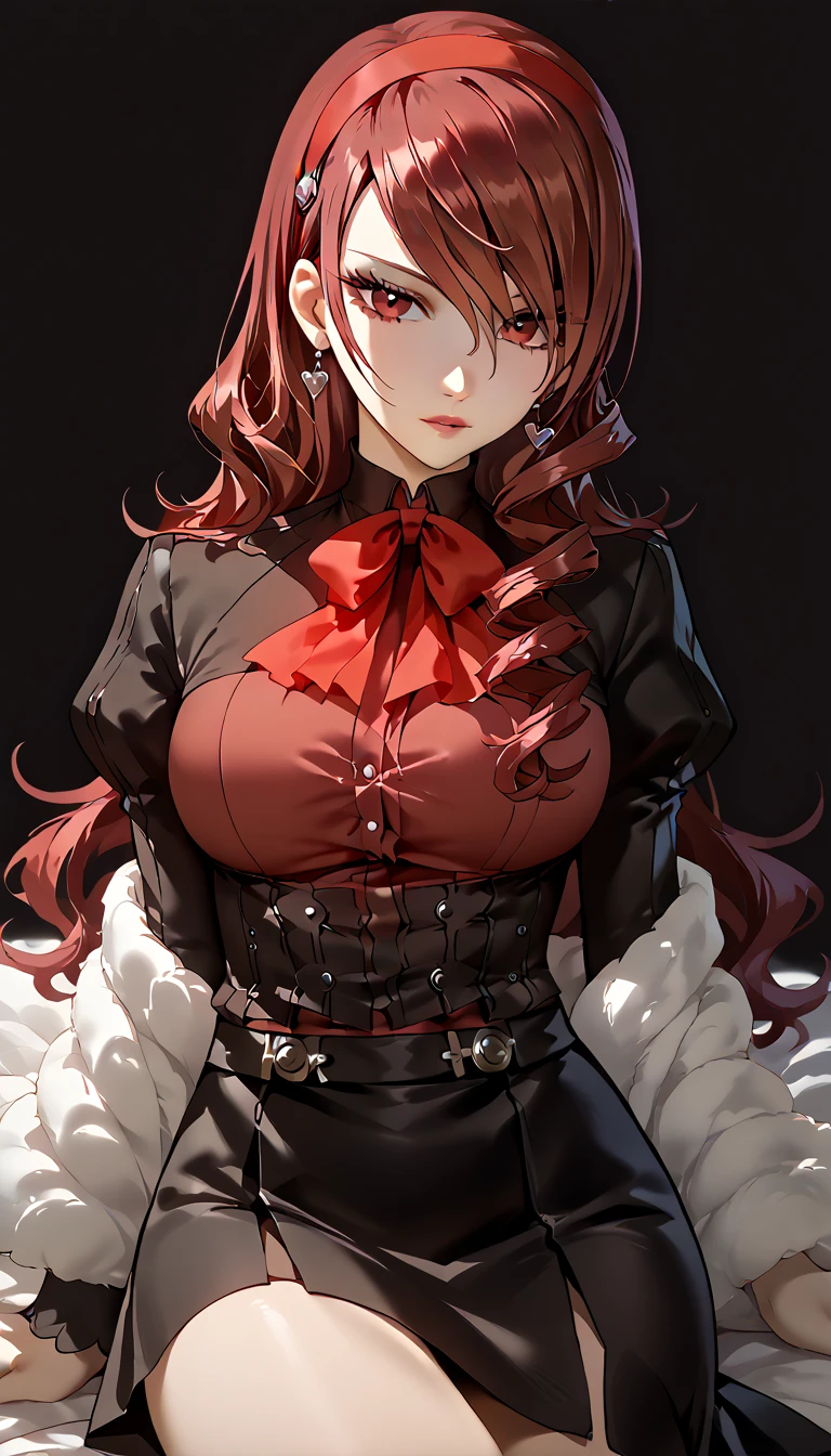 mitsuru kirijo（Persona 3）、 black party dress、Accurate clothing、Black clothes、Detailed costume、cool、 、Red Hair、 one woman、Big Breasted 、   high definition 、Masterpiece、  High Quality  、  detailed face  、   detail eyes、 expressionless、front、