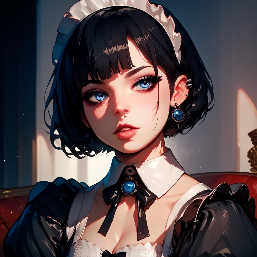 Icon Girl with short black hair pierced black pierced look very gothic blue eyes in black maid clothes 