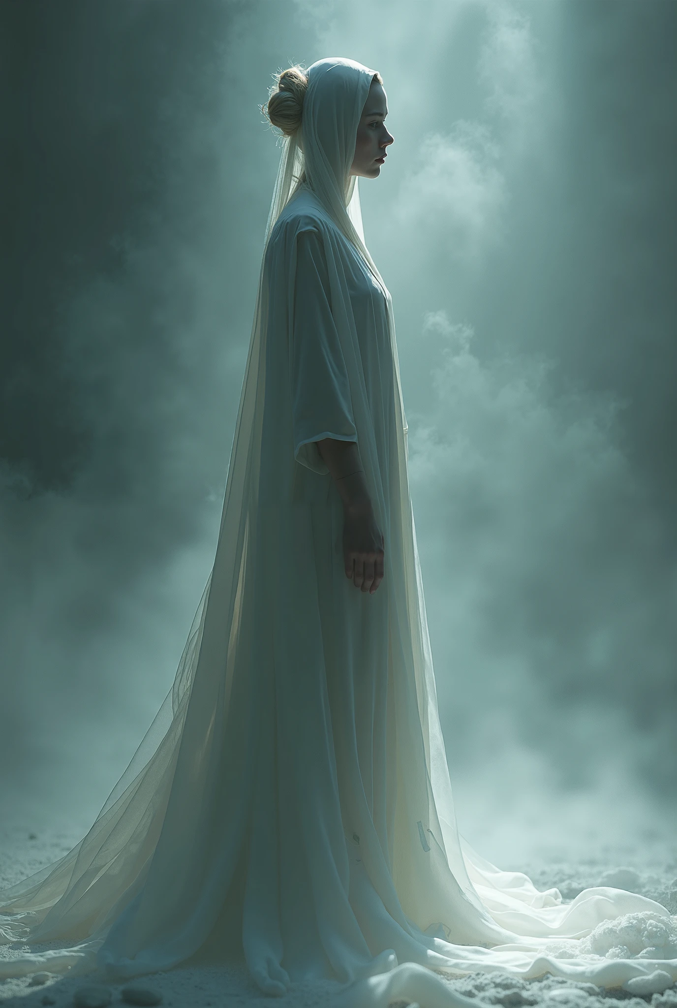 a Woman wearing a White cape, dramfatically covering her eYes with one hand