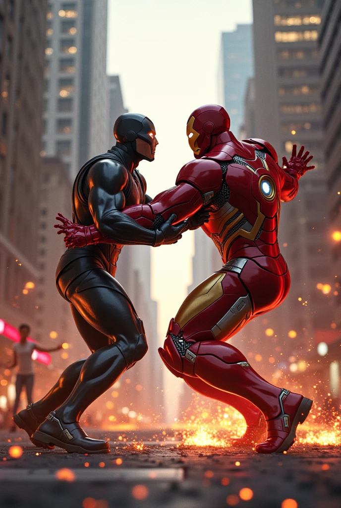 Krish with mask and iron man fighting 