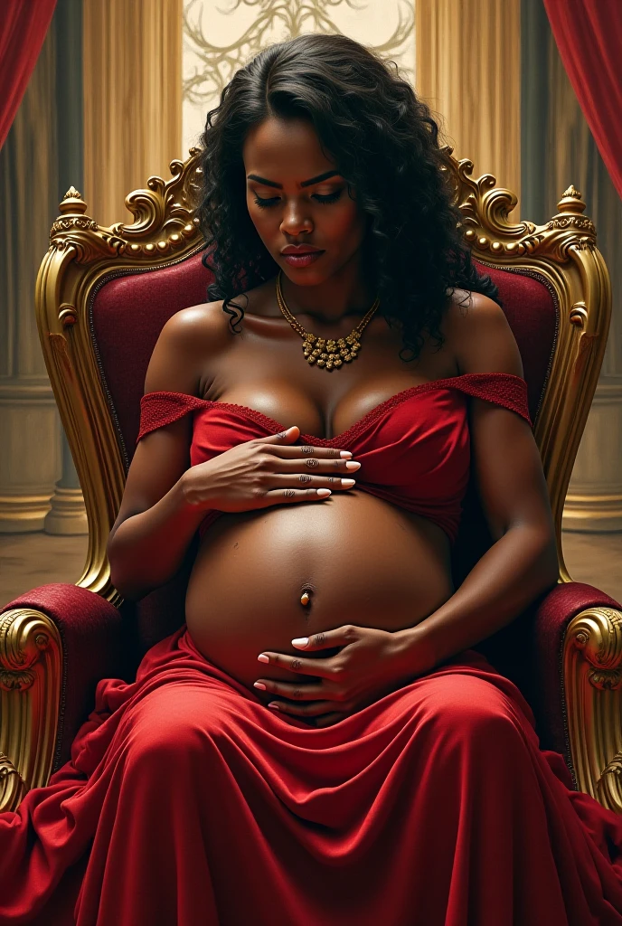 a victorian african queen, pregnant, fat and beautiful nude, pregnant breasts, standing on top of a defeated german caucasian queen who is lying down, (best quality,4k,8k,highres,masterpiece:1.2),ultra-detailed,(realistic,photorealistic,photo-realistic:1.37),intricate details,dramatic lighting,cinematic composition,vibrant colors,oil painting,highly detailed face and eyes,long eyelashes,cinematic lighting,ornate jewels,elaborate headdress,flowing dress,dynamic pose,dramatic shadows,lush vegetation,detailed background