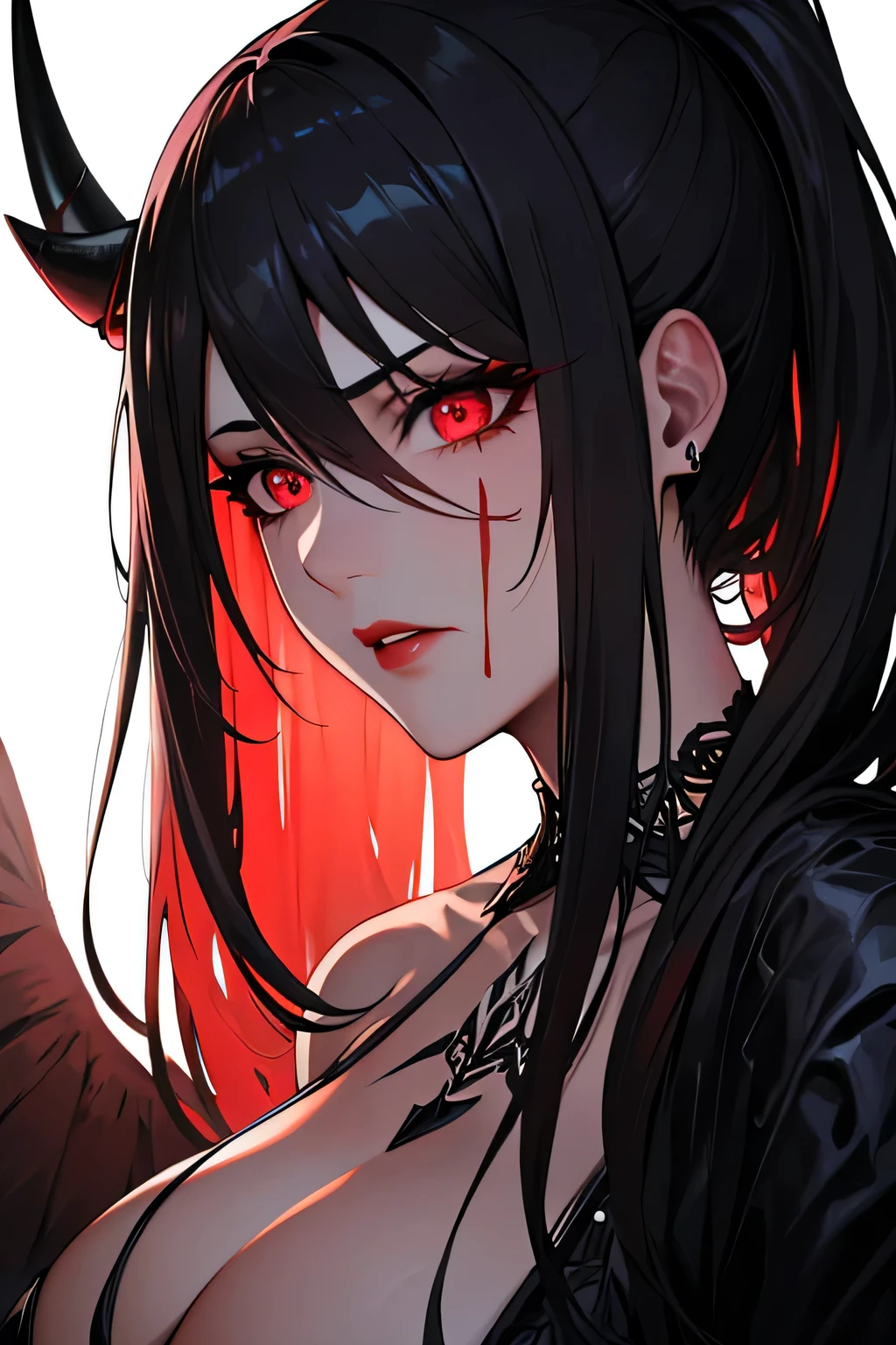 1girl, 独奏, oni girl, japanese kimono, medium breasts, Black kimono, bare shoulders, Cleavage, Demon Horns, Long, sharp claws, tooth,