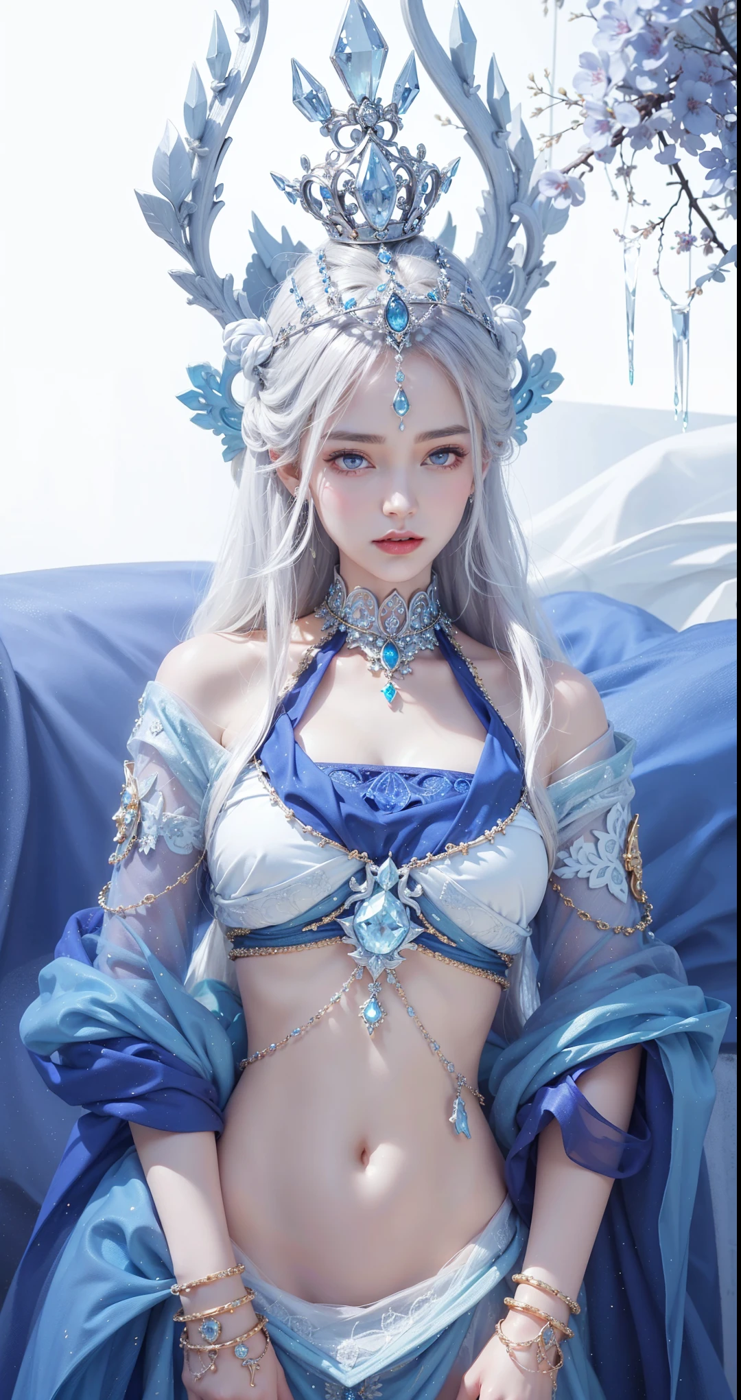 Ice queen lying on the palace floor, she is lying on her back, relaxed pose,( absurdly , high quality , Super detailed,(See photographer )Ice Queen,Crystal costume with detailed, beautiful and colorful patterns,ice queen,ice World,fantasy palace of god