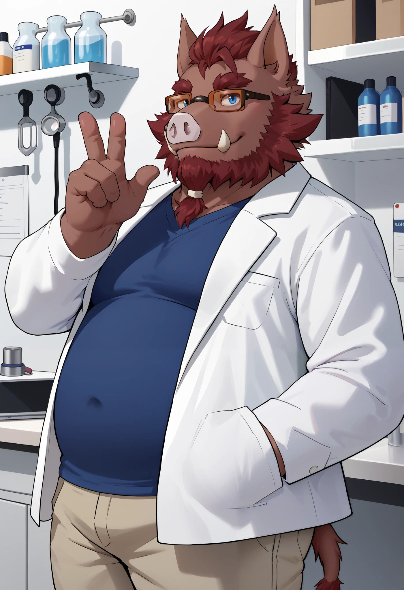 score_9, score_8_up, score_7_up, 0swinvn, boar, (dark red body), blue eyes, chubby, long boar tail, furry body, solo, 1boy, extremely expressive, white lab coat, blue shirt, badge pants, orange glasses, peace gesture, ((expressive smile)), sexy expression, bedroom eyes, lab, science lab, hand near chin, hi res, detailed eyes, eyes focus, big iris, 4k perfect eyes, perfect face, 5fingers, best artwork, highly detailed