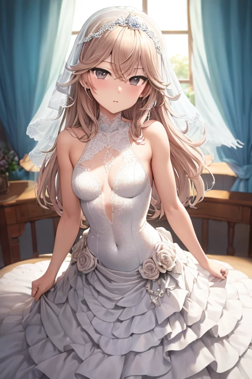 Masterpiece ,best quality , high resolution , ultra detail , (1 girl solo:1.3) , (he lacks, brown hair, sidelocks , long hair , purple eyes , shocks) , (wear wedding dress , white lace veil , thigh strap , white lace miniskirt , fishnet stockings , Fishnet socks) , belly m navel , (standing:1.25) , (cleavage:1.3) , (medium breast:1.3) , ( full face blush , shy , open mouth) , (face view , look at view , front view , stanging , cowboy_shot) , (wide angle , ultra detail eyes , perfect face , ultra detailed hair and face) ,
