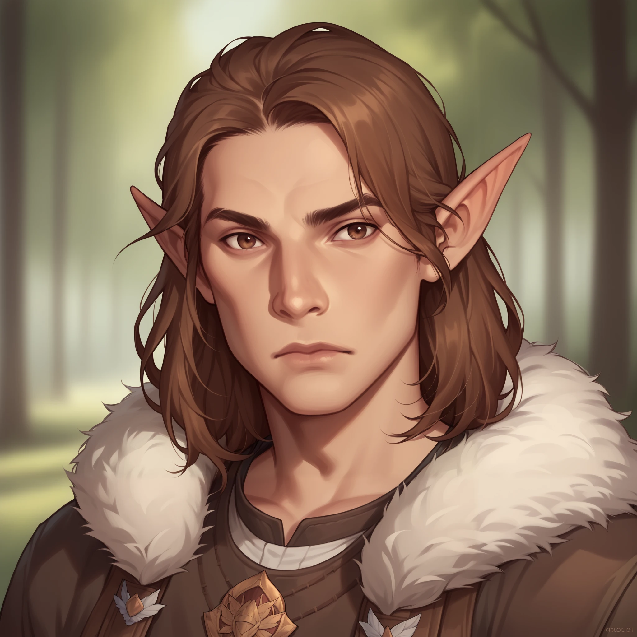 (((handsome, high quality, comics style, detailed face))), score_9, score_8_up, score_7_up, BREAK, bust shoot view, solo, A 40-years-old man:1.1, male elf, long brown hair, wide neck, pointed ears, druid warrior, fur clothes, (upper body:1.1), (looking at the viewer), contempt expression, tundra, fantasy outside, blurred background, Expressiveh, DeepNegative_xl_v1, detailxl, zPDXL2