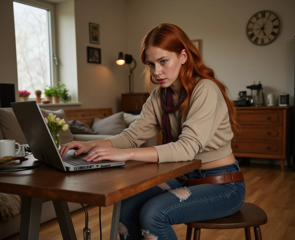 there is a woman sitting at a desk with a computer, a picture inspired by Esaias Boursse, pexels, figuration libre, sitting at a computer desk, sitting in front of computer, sitting at a computer, home office, working in an office, sitting on a desk, red head, red hair wavy, long hair red, back camera,