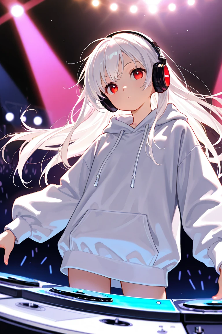 Girl, teenager, white long hair, red eyes, DJ, Headphones, long oversized hoodie, no bottom, concert, dynamic lighting