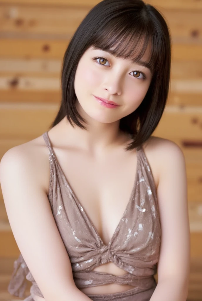 (  realistic、photo   realistic:1.37)、  1 girl、  23 years old、(  bob hair,   shortcut,   brown hair)、Sitting in a sauna, (Beige Bikini : 1.2), ( browsing caution  :1.3),   beautiful breasts,  (big boobs: 1.5), Big Breasts 、( cleavage in years : 1.4),    beautiful skin,  Sweating,  Grinning face、  staring straight at camera 、  very detailed、  Ultra Fine