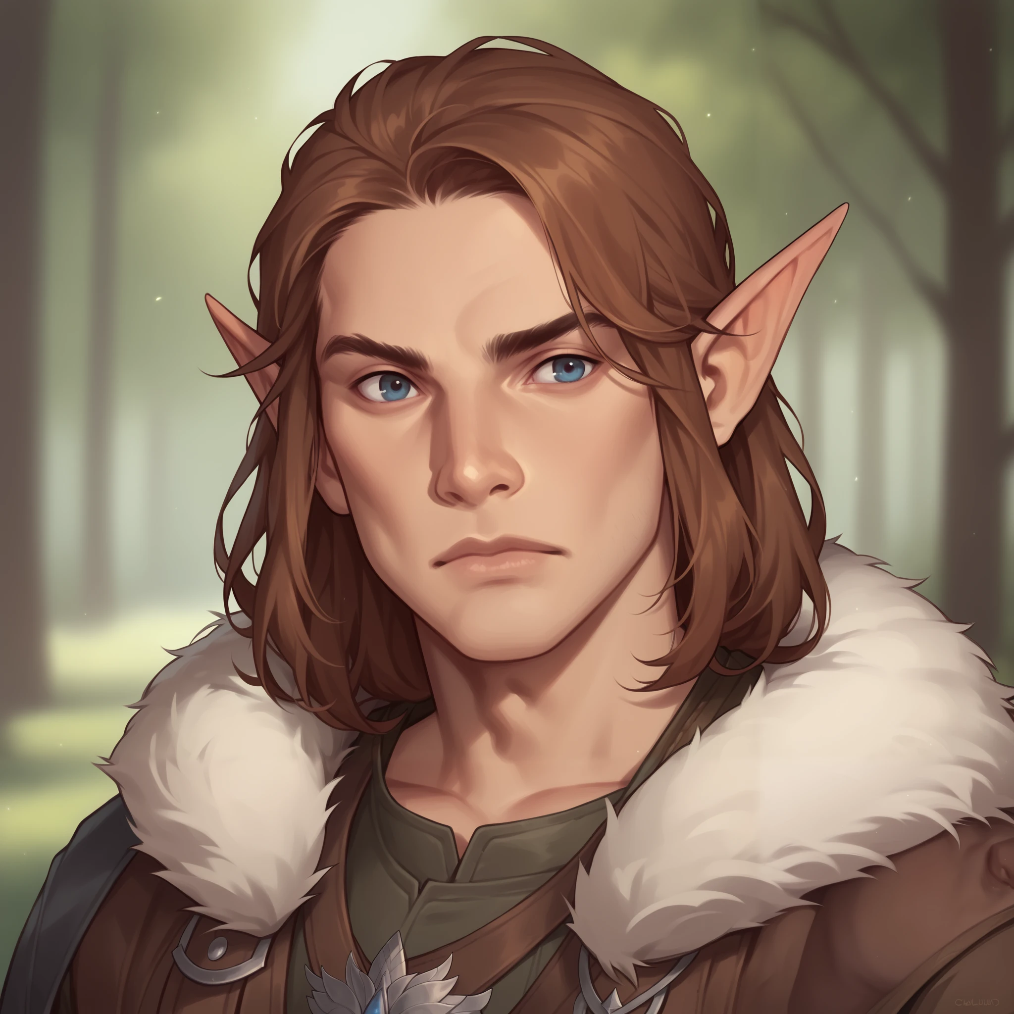 (((handsome, high quality, comics style, detailed face))), score_9, score_8_up, score_7_up, BREAK, bust shoot view, solo, A 40-years-old man:1.1, male elf, long brown hair, wide neck, pointed ears, druid warrior, fur clothes, (upper body:1.1), (looking at the viewer), contempt expression, tundra, fantasy outside, blurred background, Expressiveh, DeepNegative_xl_v1, detailxl, zPDXL2