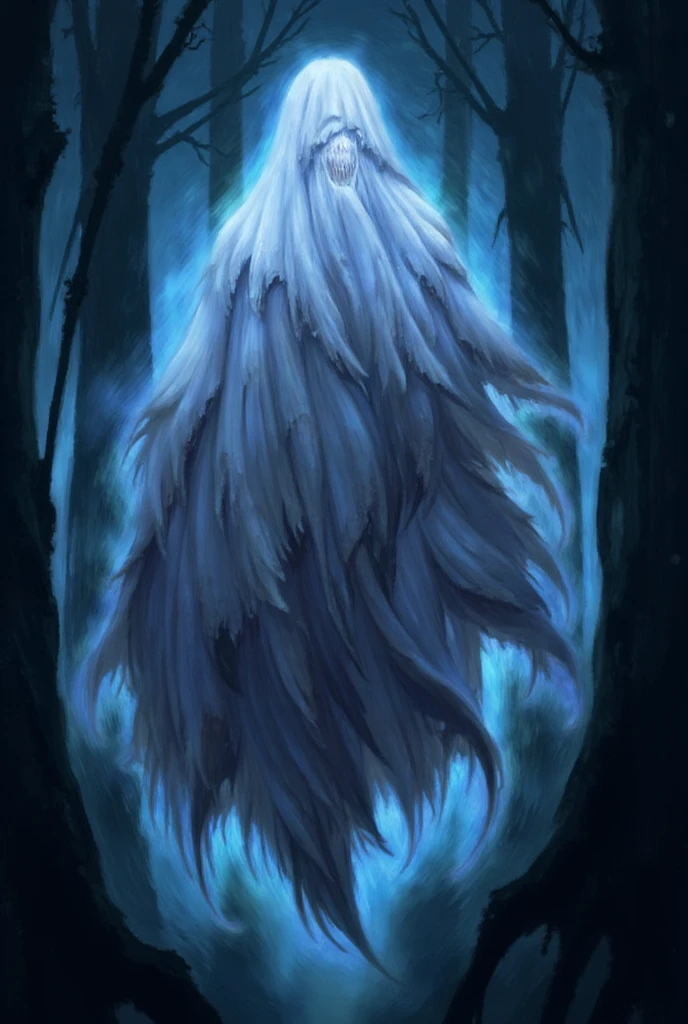 (1male, solo) faceless, ghost \(white face mask, Blue lining, white sight/), white long hair, flapping cape, \(cape covering full body/), scary cape, used cape to covered, floating￼, flying, forest, night, animated cartoon style