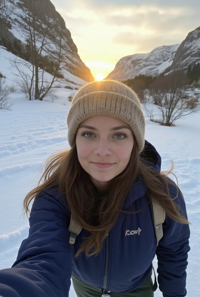 Selfie of a 30-year-old slim woman with long brown hair, blue eyes, and big-sized breasts, hiking in a snowy canyon at sunset. She is wearing a navy blue ski jacket, dark green snow pants, and a beige woolen headband. The golden hour light casts a warm glow on her face and the dramatic icy walls behind her.