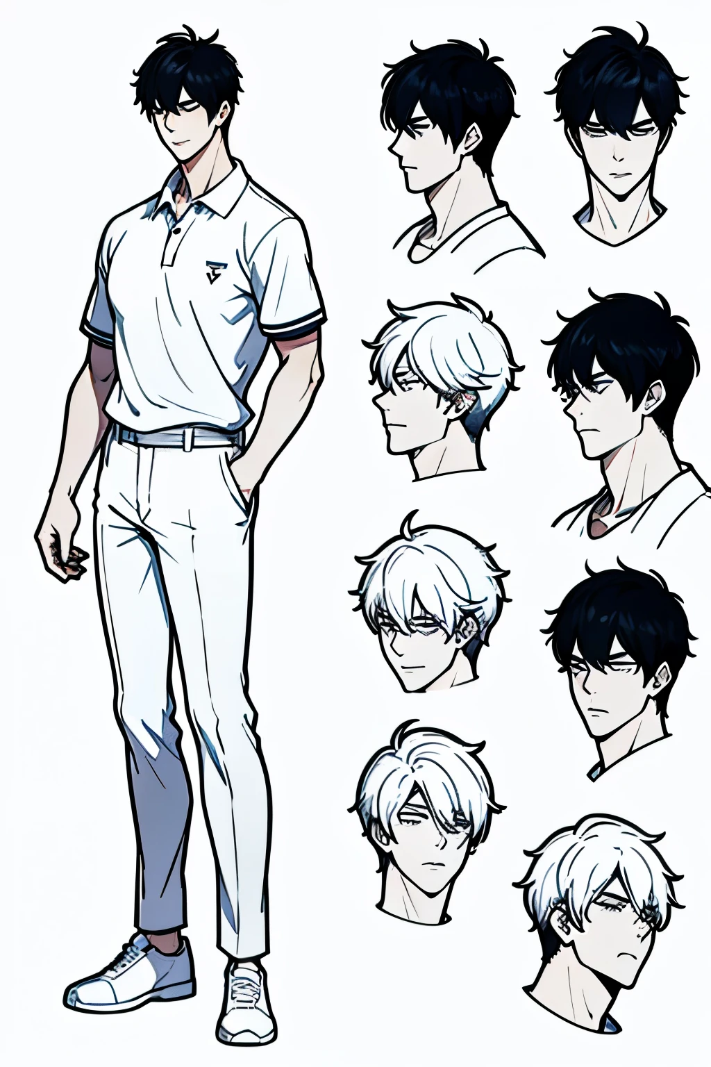 Go Eunhyuk from the Webtoon called Operation True Love, concept art, character concept, handsome main character, white shirt with short sleeves, white polo, black pants, white shoes, ((school uniform)) full body, character sheet, detailed hands, correct anatomy, lateral view, side view, only side view