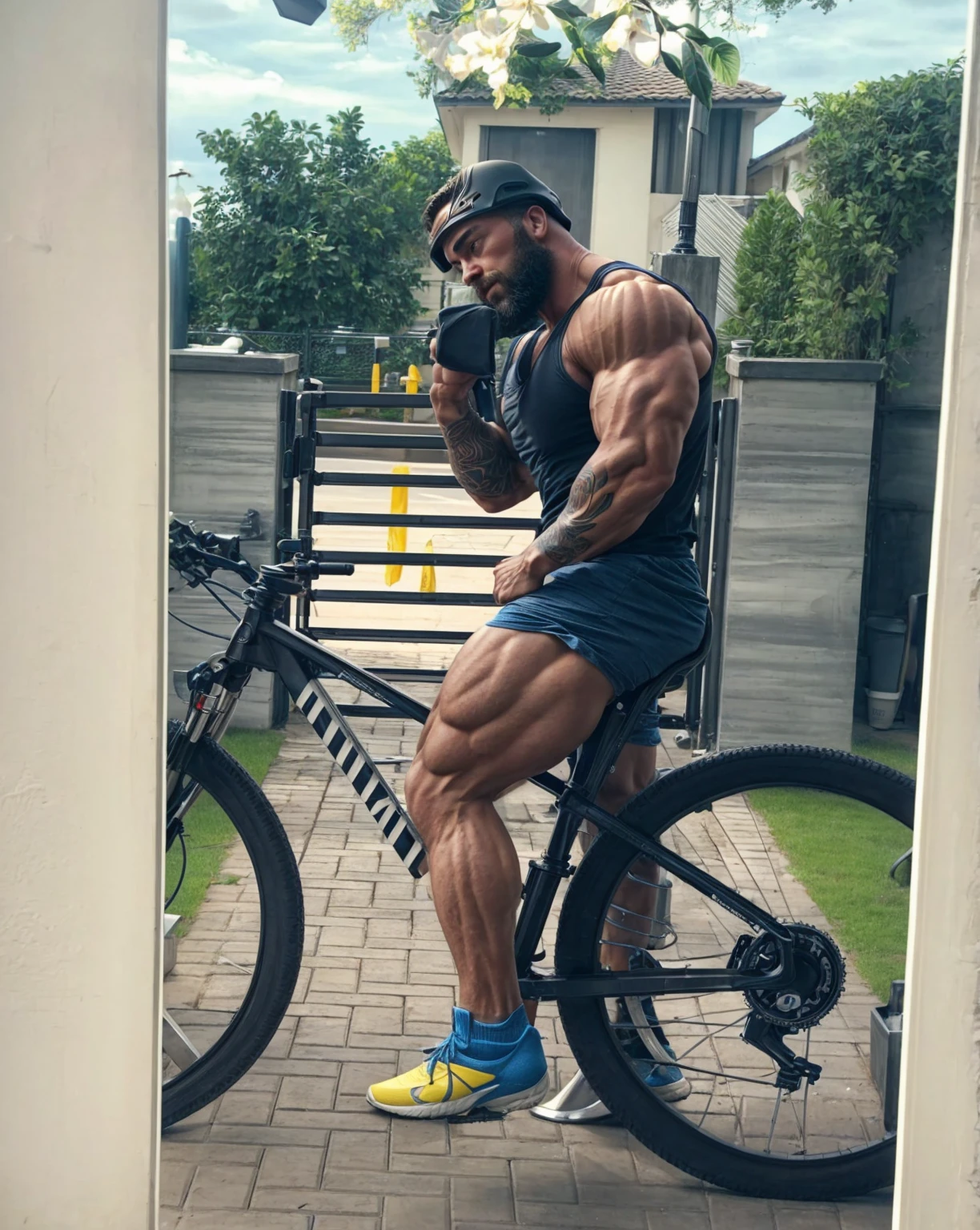 arafed man sitting on a bench with a pair of black shoes, muscular thighs, muscular, legs and arms, massive muscles, muscular legs, exaggerated physique, chest legs, extreme muscles, large muscles, huge muscles, bodybuilder posing, exaggerated muscle physique, musculine, put on 1 0 0 pounds of muscle, strong legs, flexing large muscles