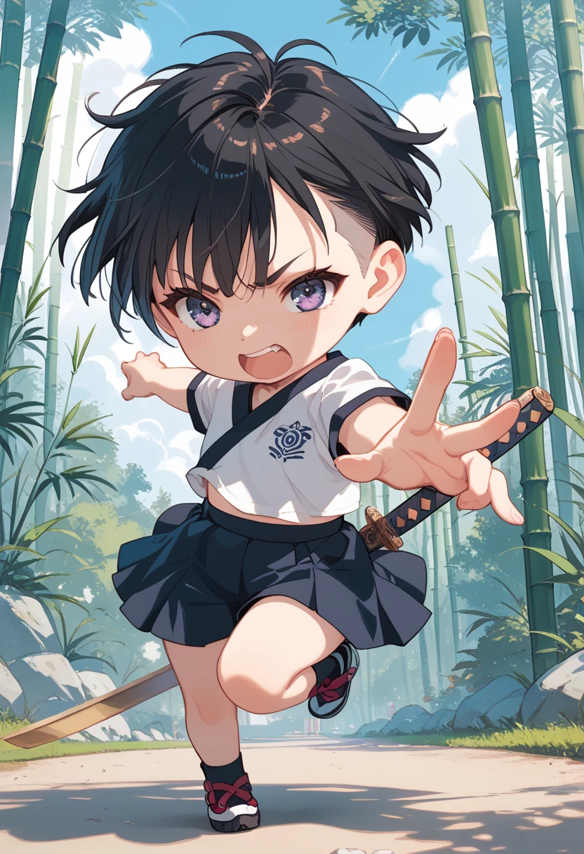 (shinai, bamboo sword:1.2), black bobcut short hair girl, attacking, swinging, chibi, on tatami,