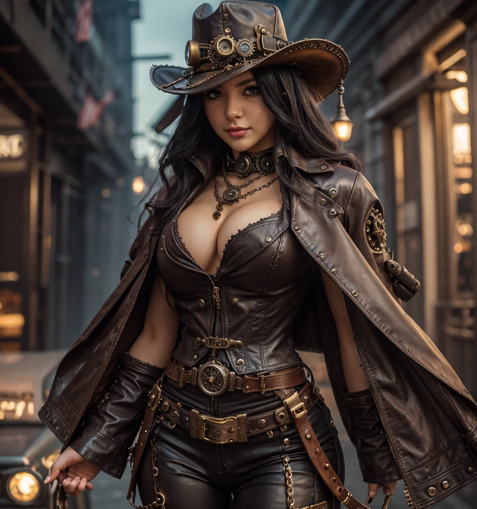 There's a beautiful woman radiating charisma, dressed in a captivating Steampunk outfit. She dons a stunning hat with intricate gears adorning its rim, turning heads with every step she takes. A steam-powered gun is held firmly in her hand, its metallic shine reflecting the sun's rays. Her Steampunk style is a harmonious blend of vintage aesthetics and futuristic innovation, captivating the hearts of onlookers. This inventive and alluring woman, embodying the essence of Steampunk fiction, exudes a mesmerizing aura that transports one into a fantastical world of brassy machinery and unforgettable