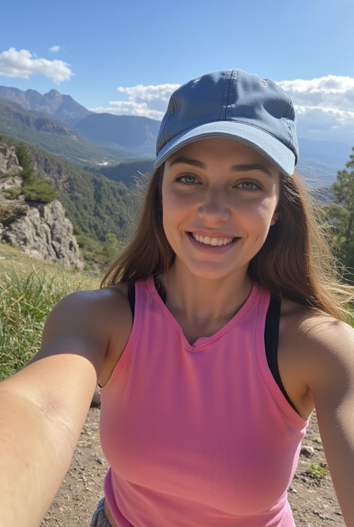 Selfie of a 30-year-old slim woman with long brown hair, blue eyes, and big-sized breasts, standing on a sunny mountain ridge with a panoramic view of green valleys. She is wearing a pink tank top, gray hiking shorts, and a lightweight blue baseball cap. The bright sunlight enhances her glowing skin and casts a soft shadow on her face.